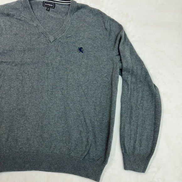 Express Men's XL Sweater Grey Solid Cotton V-Neck Top Long Sleeve Pullover - Picture 6 of 12